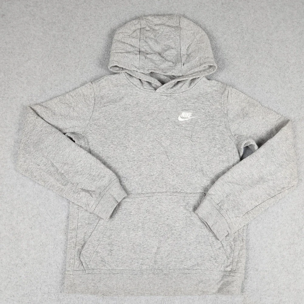 Nike Sportswear Club Hoodie Boys Large Gray Fleece Lined Stretch Pullover Logo